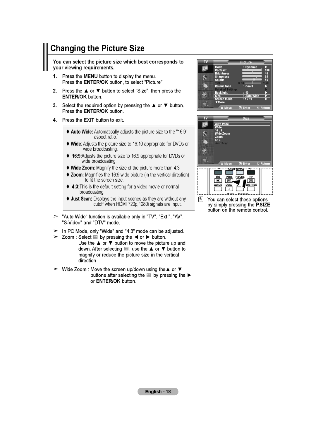 Samsung LE19R8 manual Changing the Picture Size 