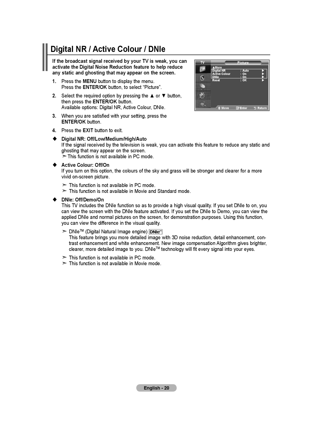 Samsung LE19R8 manual Digital NR / Active Colour / DNIe,  Digital NR Off/Low/Medium/High/Auto,  Active Colour Off/On 