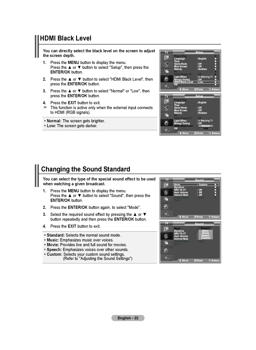 Samsung LE19R8 manual Hdmi Black Level, Changing the Sound Standard, Enter Low 