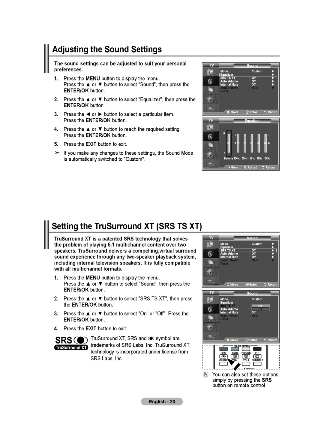 Samsung LE19R8 manual Adjusting the Sound Settings, Setting the TruSurround XT SRS TS XT, TVSound 