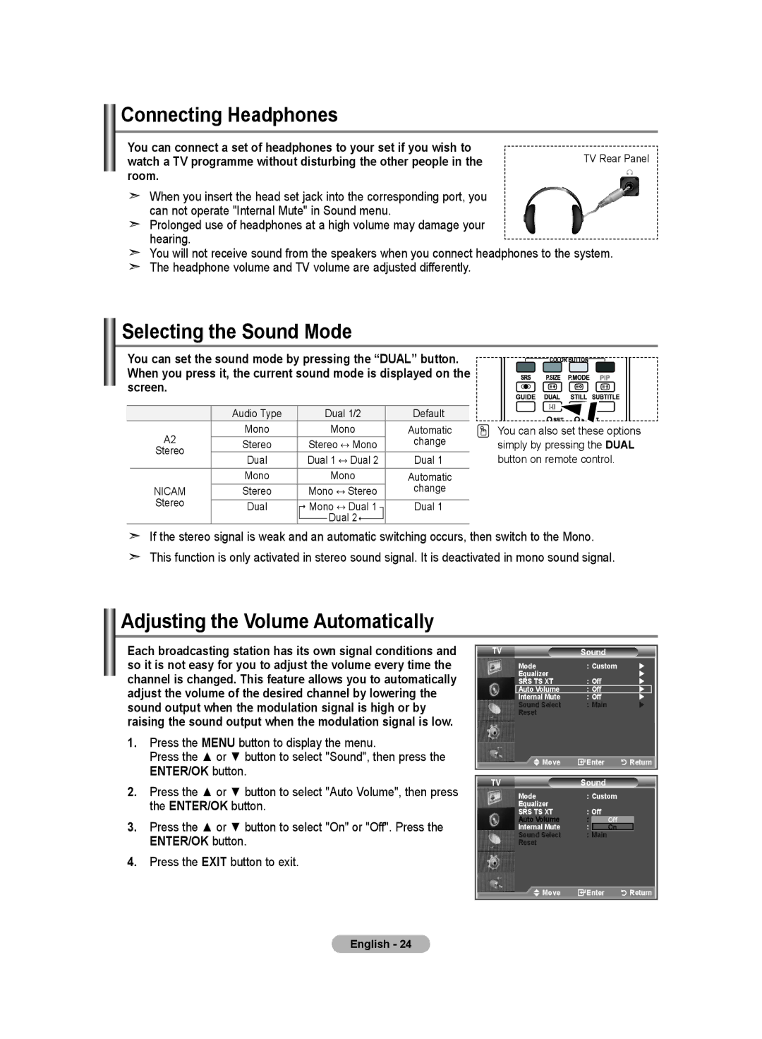 Samsung LE19R8 manual Connecting Headphones, Selecting the Sound Mode, Adjusting the Volume Automatically 