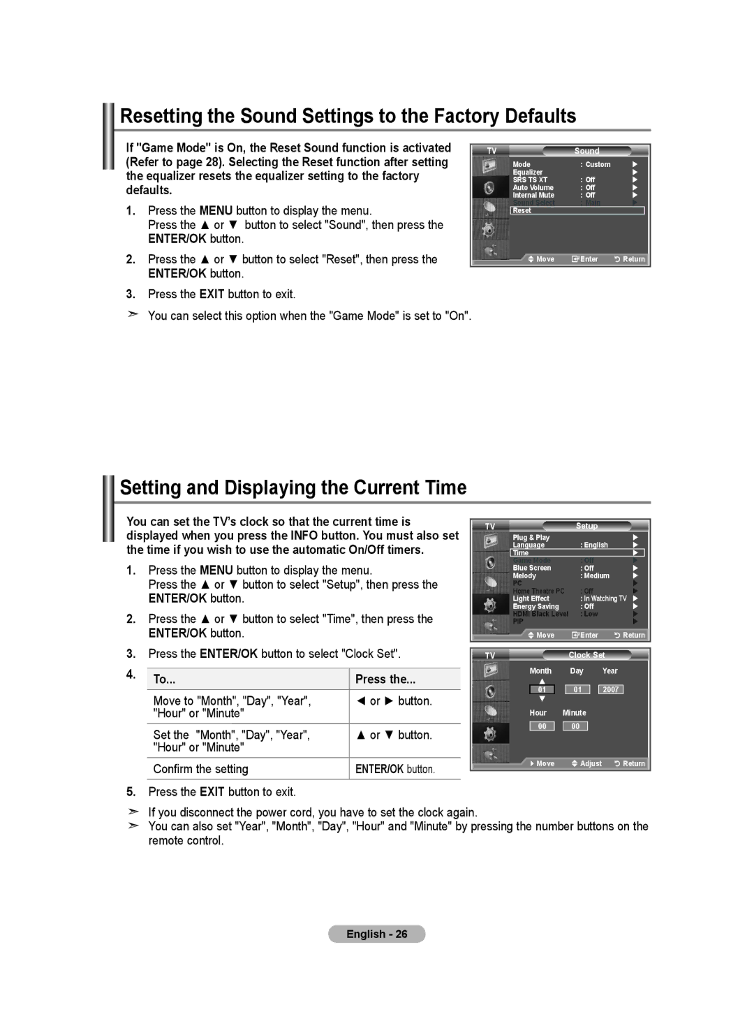 Samsung LE19R8 manual Resetting the Sound Settings to the Factory Defaults, Setting and Displaying the Current Time 