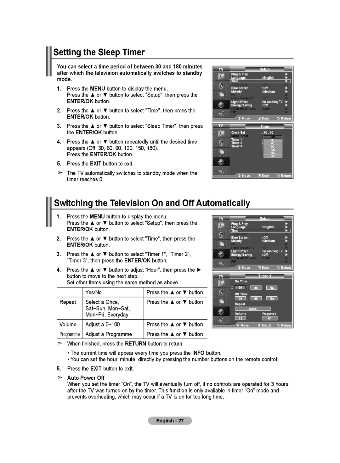 Samsung LE19R8 manual Setting the Sleep Timer, Switching the Television On and Off Automatically, Auto Power Off 