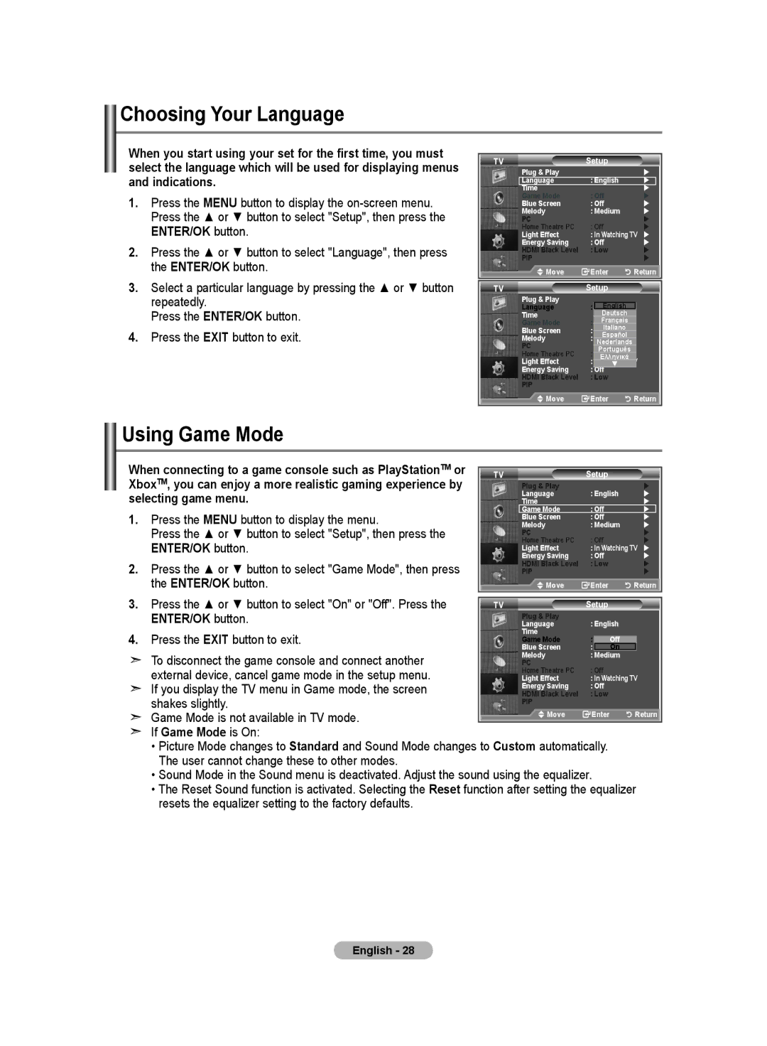 Samsung LE19R8 Choosing Your Language, Using Game Mode, Press the Menu button to display the on-screen menu, Enter Return 