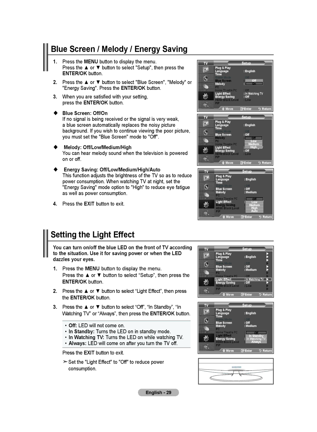 Samsung LE19R8 manual Blue Screen / Melody / Energy Saving, Setting the Light Effect,  Blue Screen Off/On 