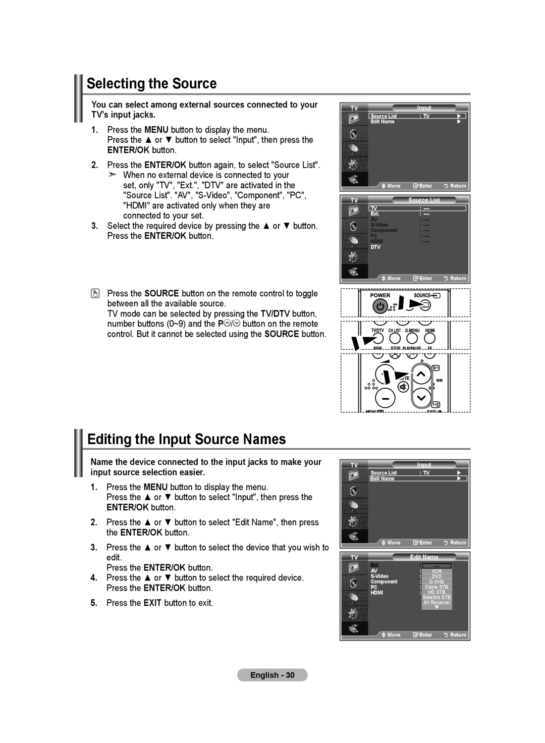 Samsung LE19R8 manual Selecting the Source, Editing the Input Source Names 