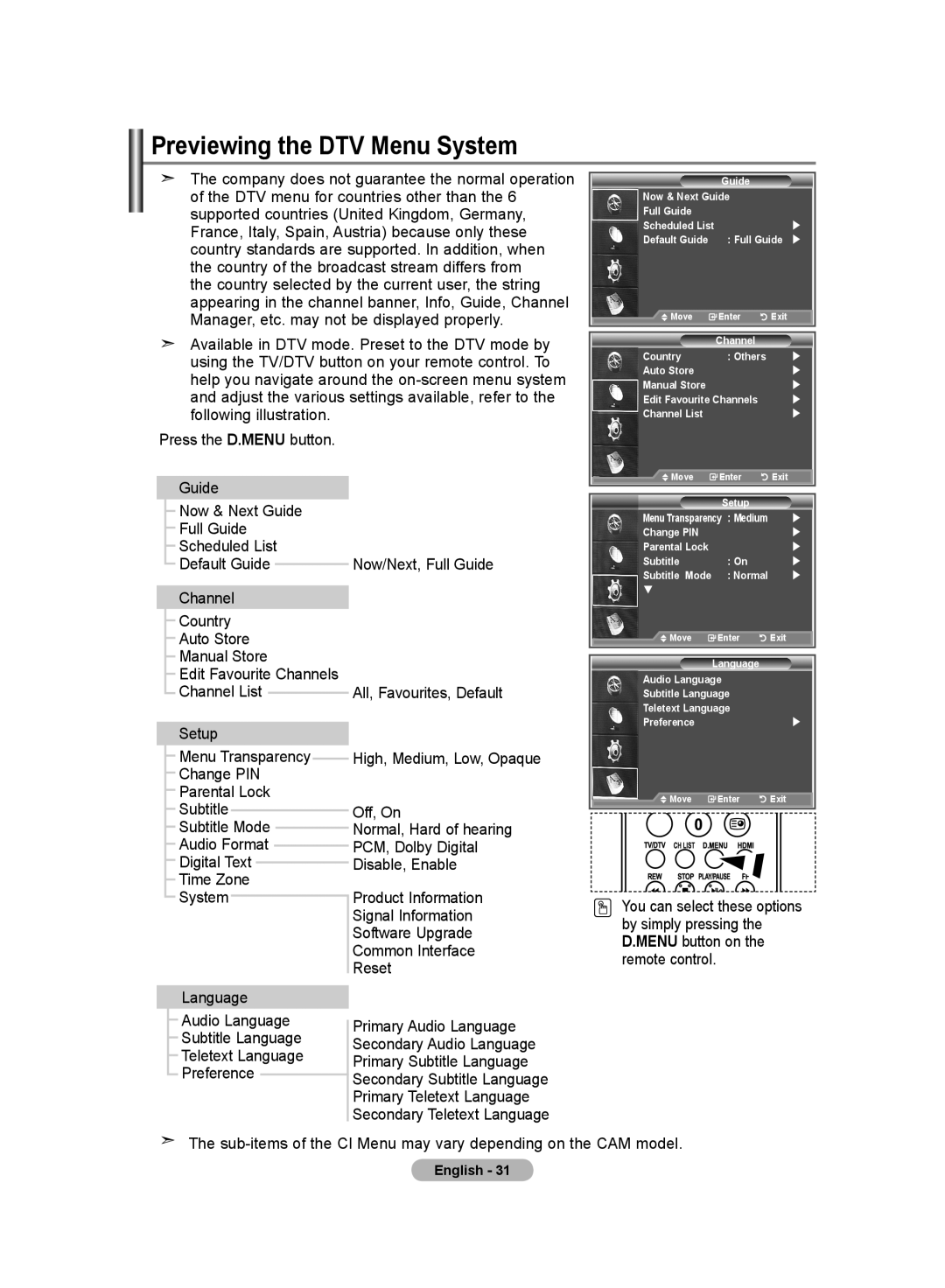 Samsung LE19R8 manual Previewing the DTV Menu System 