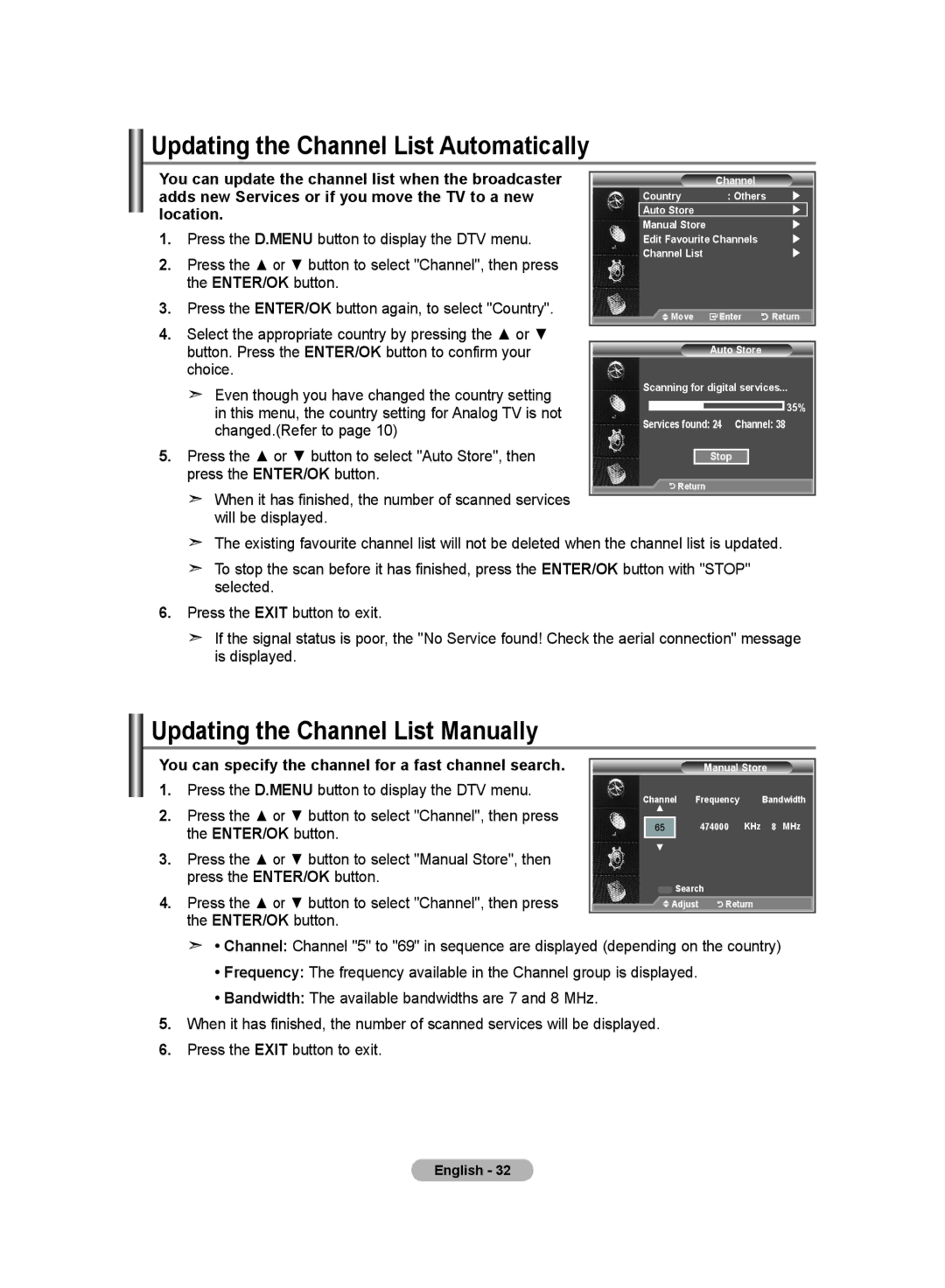 Samsung LE19R8 manual Updating the Channel List Automatically, Updating the Channel List Manually, ENTER/OK button 