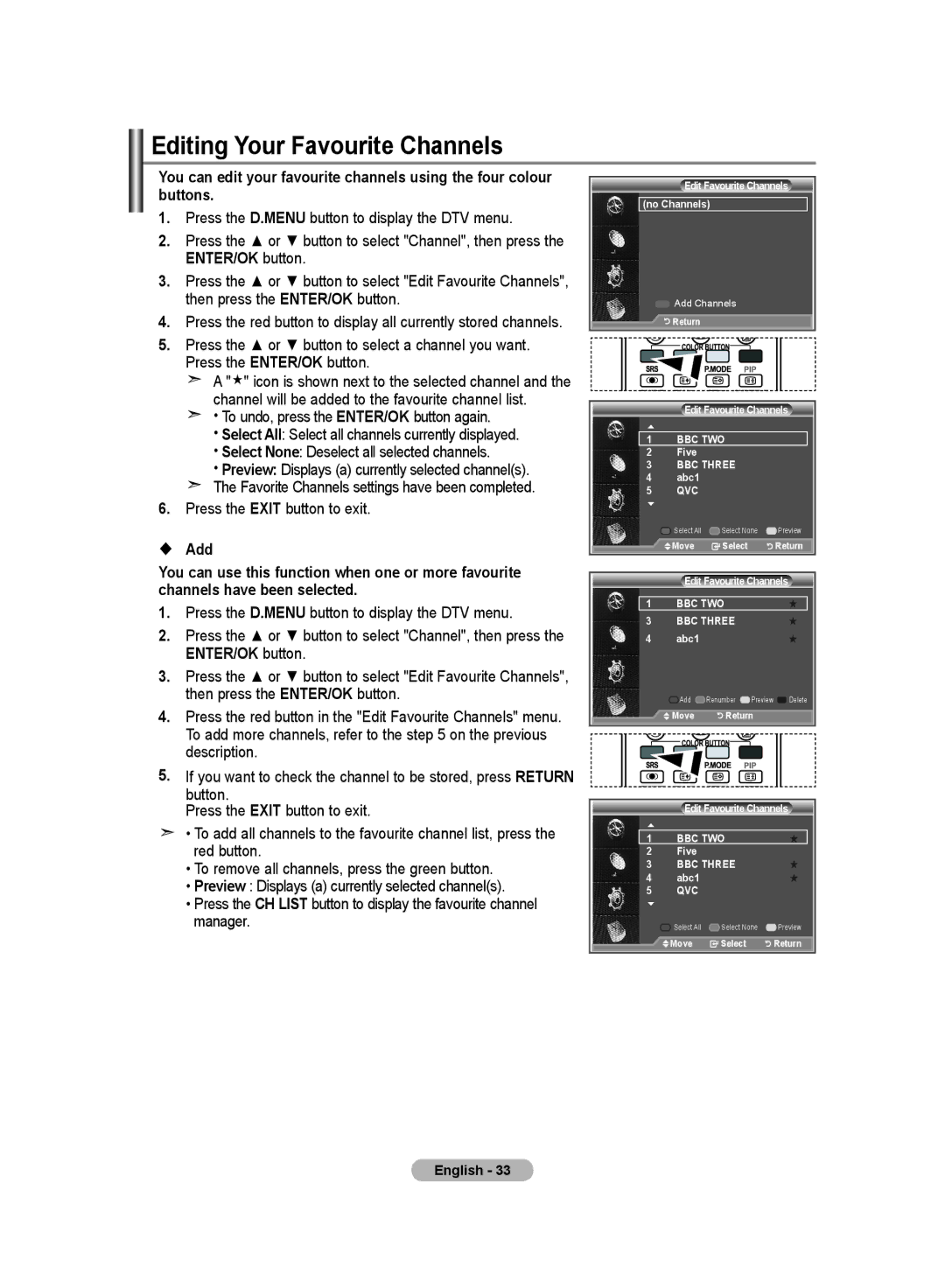 Samsung LE19R8 manual Editing Your Favourite Channels, No Channels Move Enter, Five, Abc1 Move Enter 