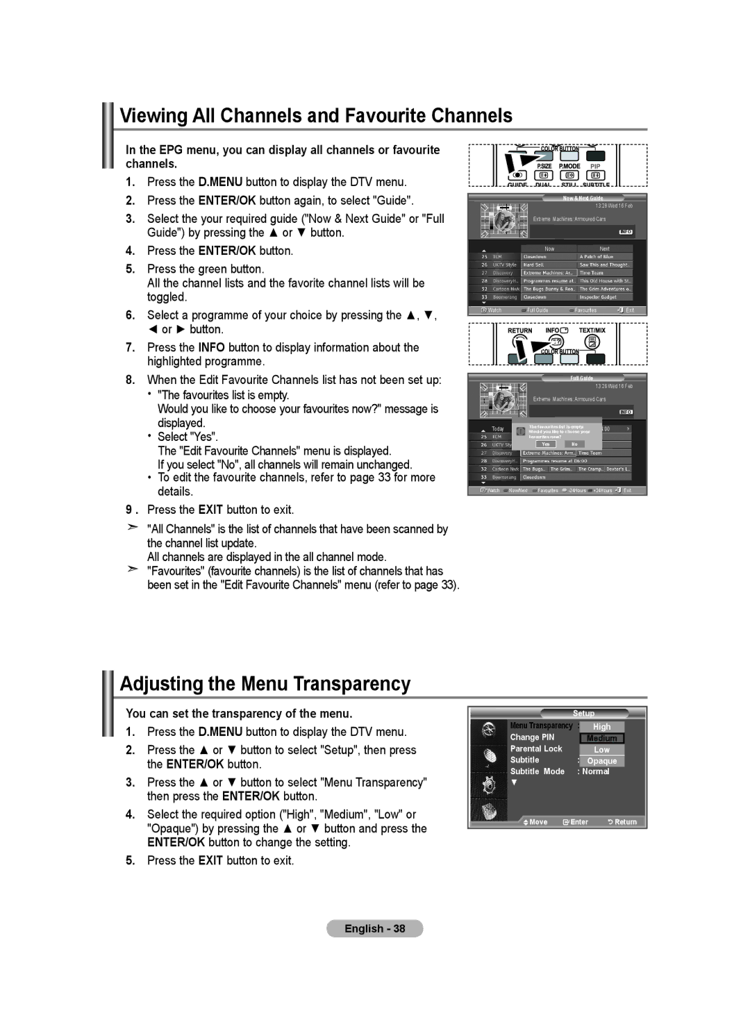 Samsung LE19R8 manual Viewing All Channels and Favourite Channels, Adjusting the Menu Transparency, Subtitle Mode Normal 