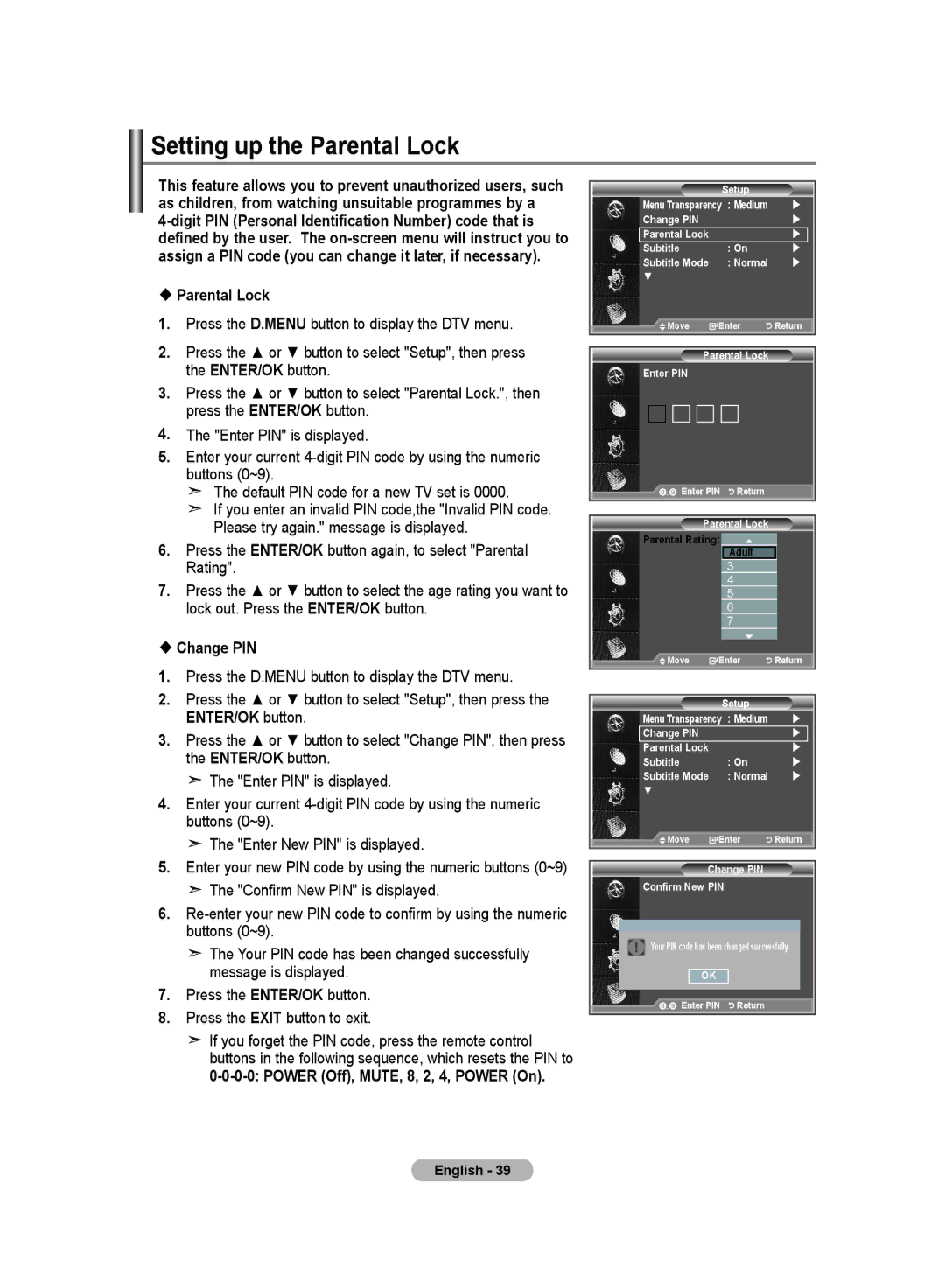 Samsung LE19R8 manual Setting up the Parental Lock,  Parental Lock,  Change PIN, Power Off, MUTE, 8, 2, 4, Power On 