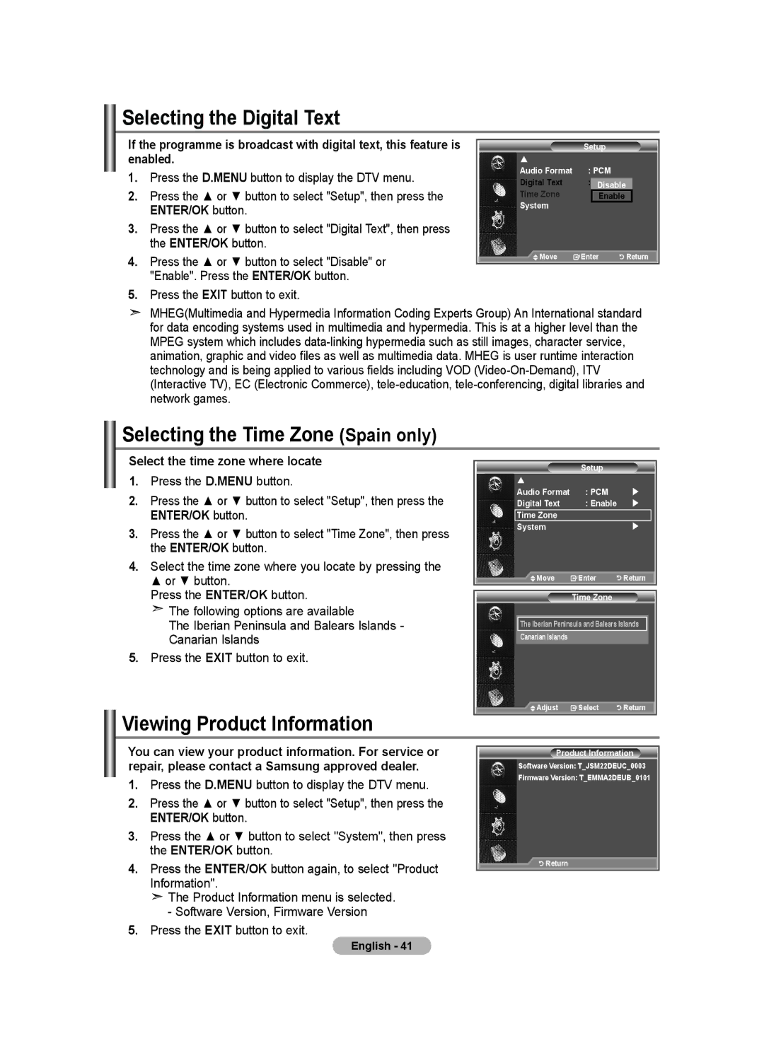 Samsung LE19R8 manual Selecting the Digital Text, Selecting the Time Zone Spain only, Viewing Product Information 