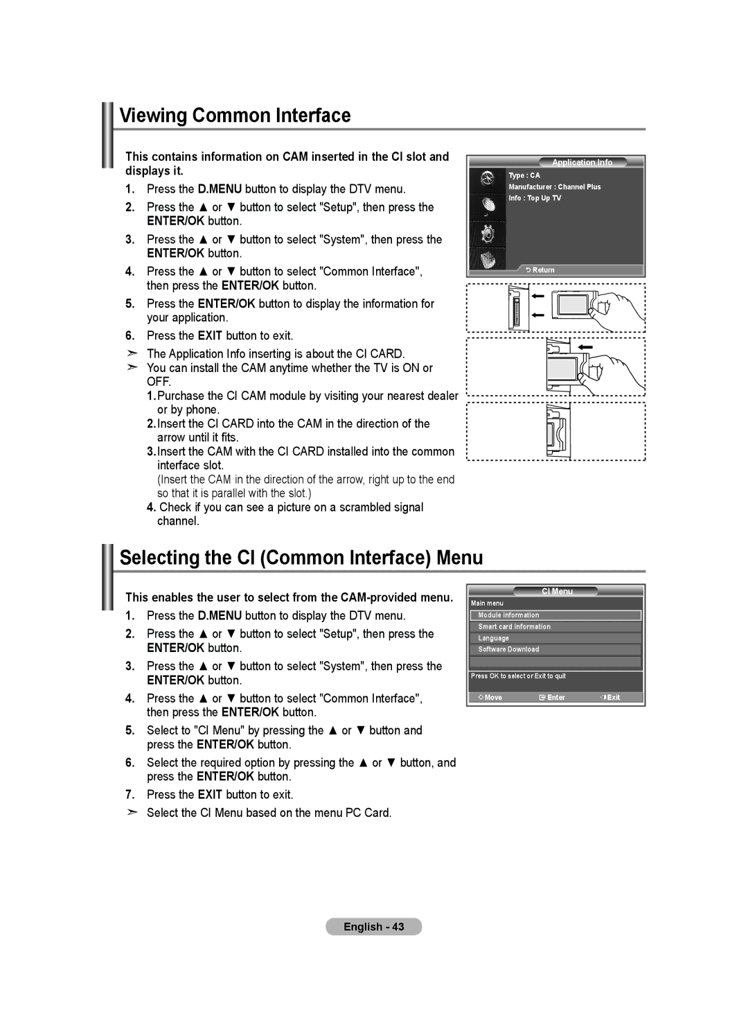 Samsung LE19R8 manual Viewing Common Interface, Selecting the CI Common Interface Menu, CI Menu 