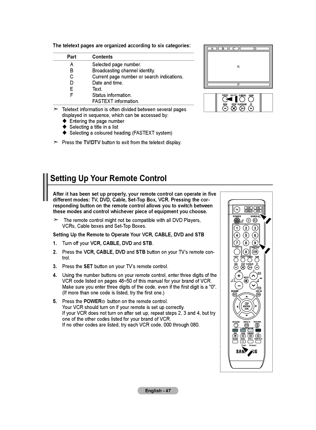 Samsung LE19R8 manual Setting Up Your Remote Control 