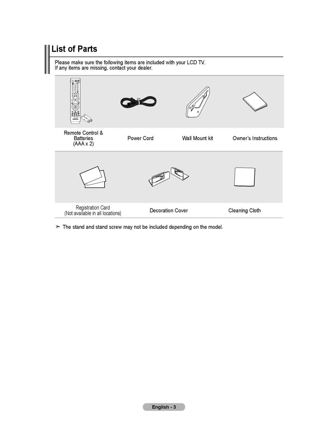 Samsung LE19R8 manual List of Parts, Power Cord Wall Mount kit, Decoration Cover Cleaning Cloth 