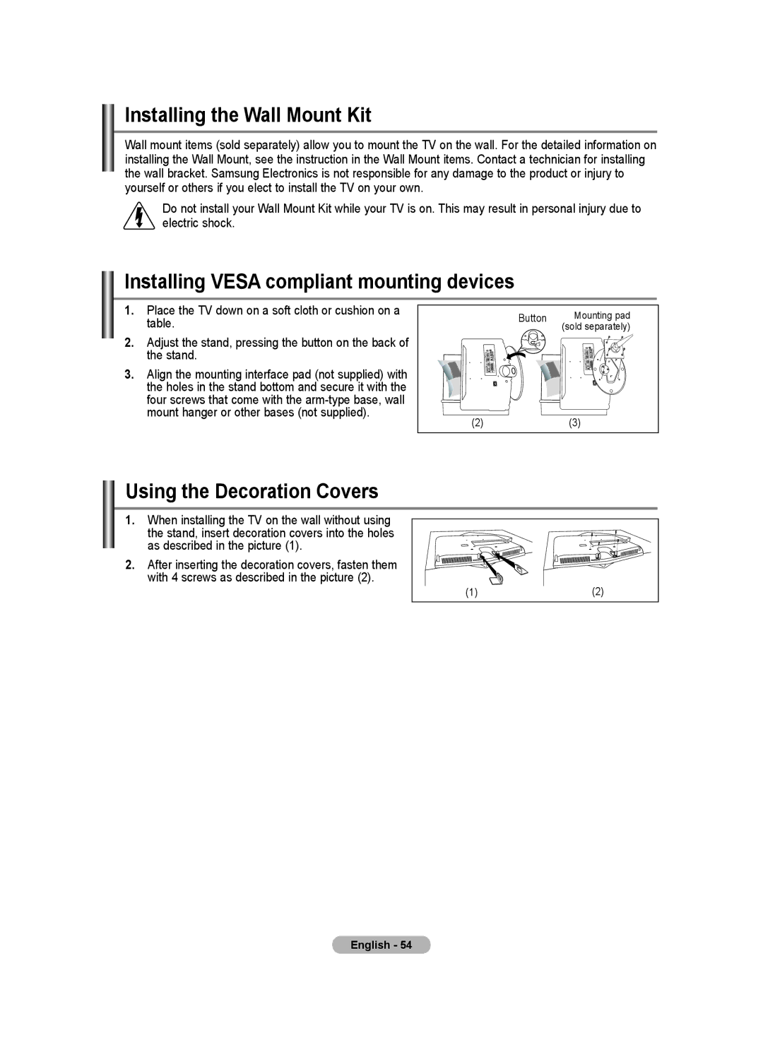 Samsung LE19R8 Installing the Wall Mount Kit, Installing Vesa compliant mounting devices, Using the Decoration Covers 