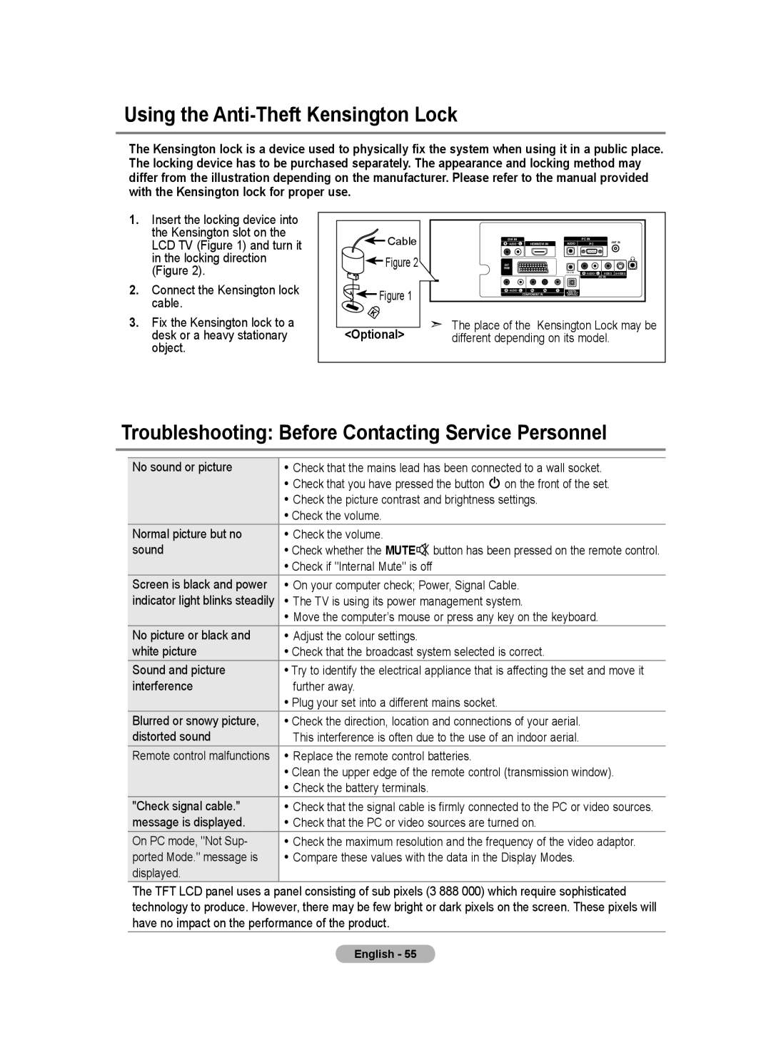 Samsung LE19R8 manual Using the Anti-Theft Kensington Lock, Troubleshooting Before Contacting Service Personnel, Optional 