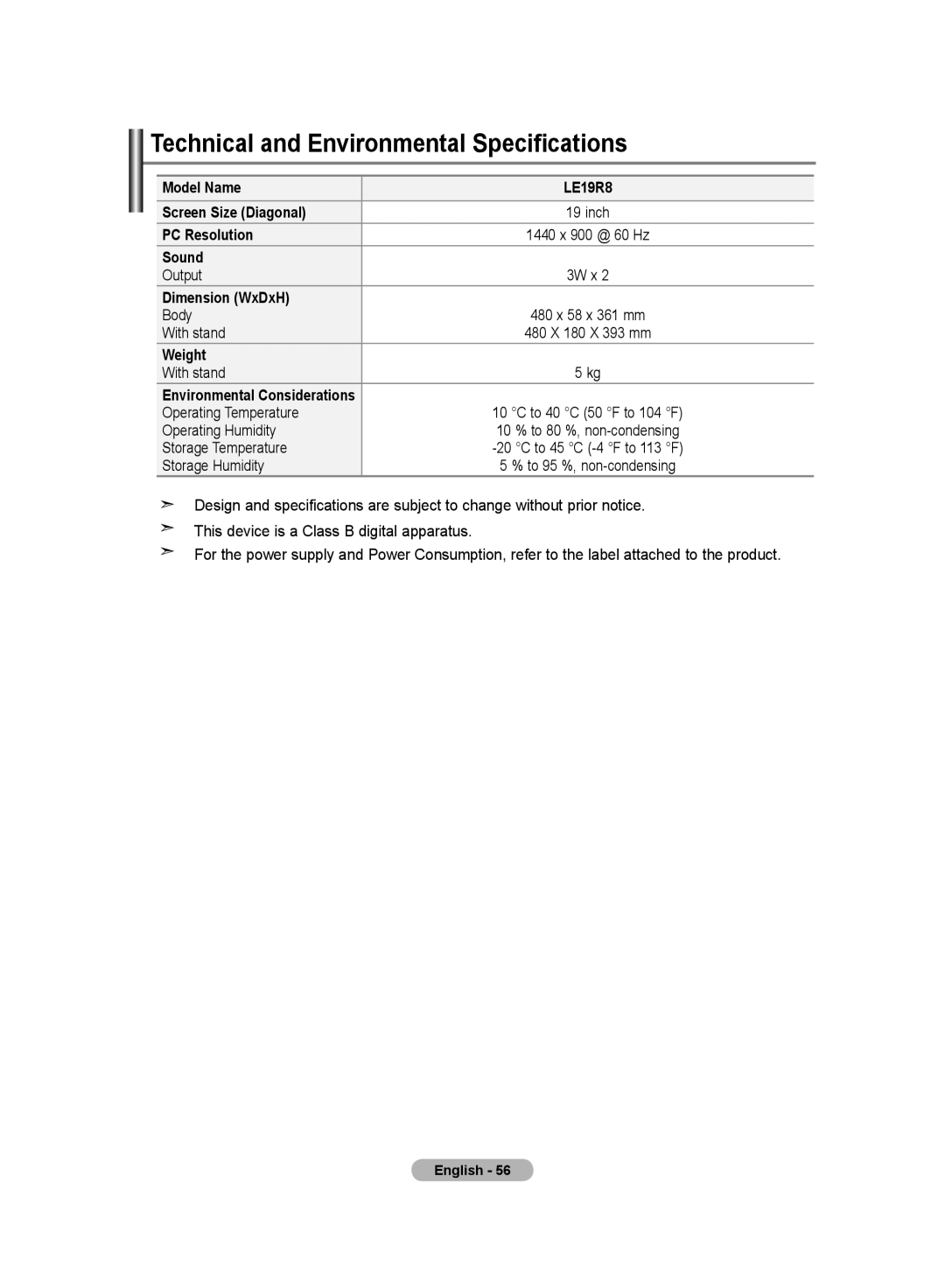 Samsung LE19R8 manual Technical and Environmental Specifications 