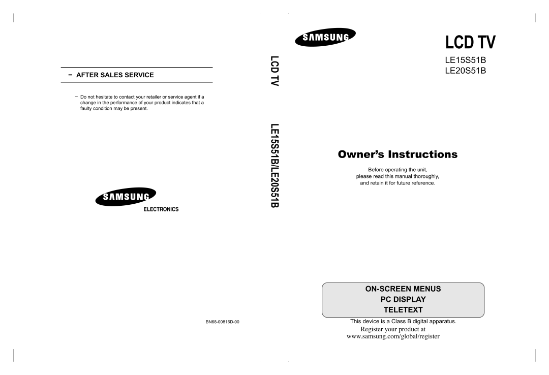 Samsung LE15S51B, LE20S51B manual Lcd Tv 