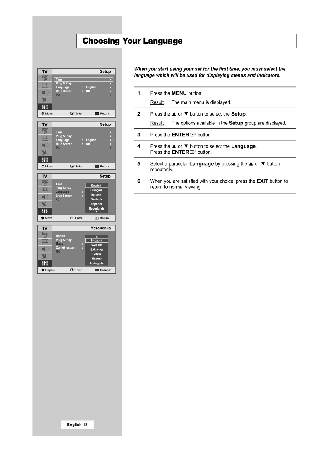 Samsung LE20S51B, LE15S51B manual Choosing Your Language 