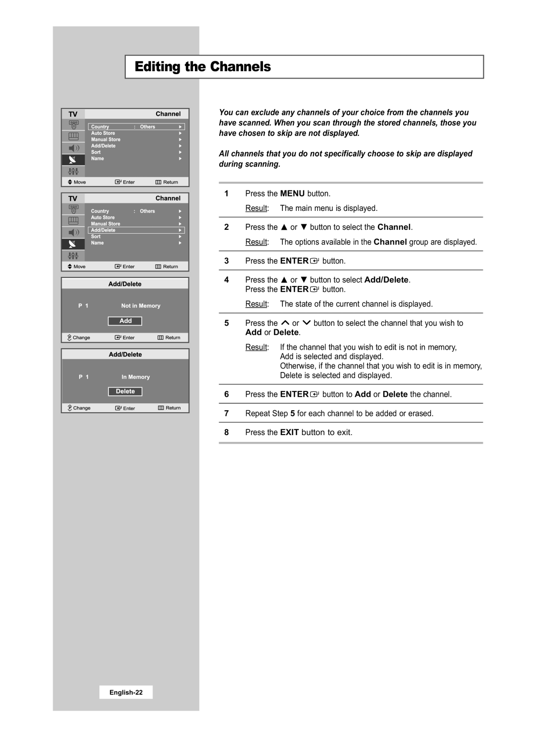 Samsung LE20S51B, LE15S51B manual Editing the Channels 