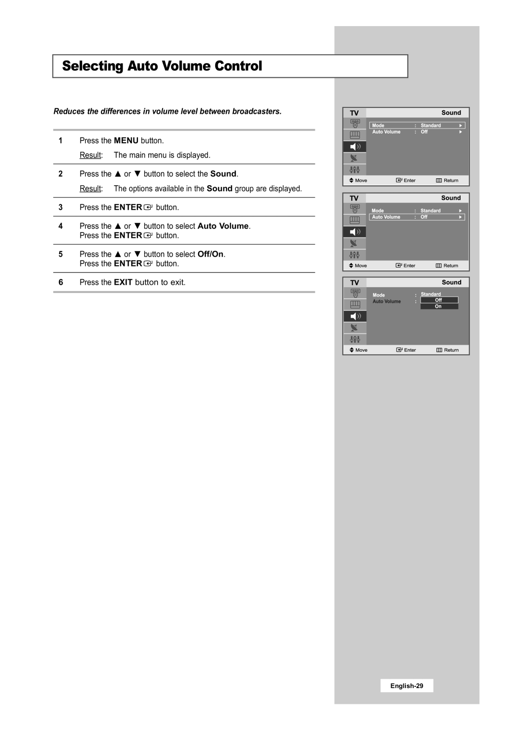 Samsung LE15S51B, LE20S51B Selecting Auto Volume Control, Reduces the differences in volume level between broadcasters 