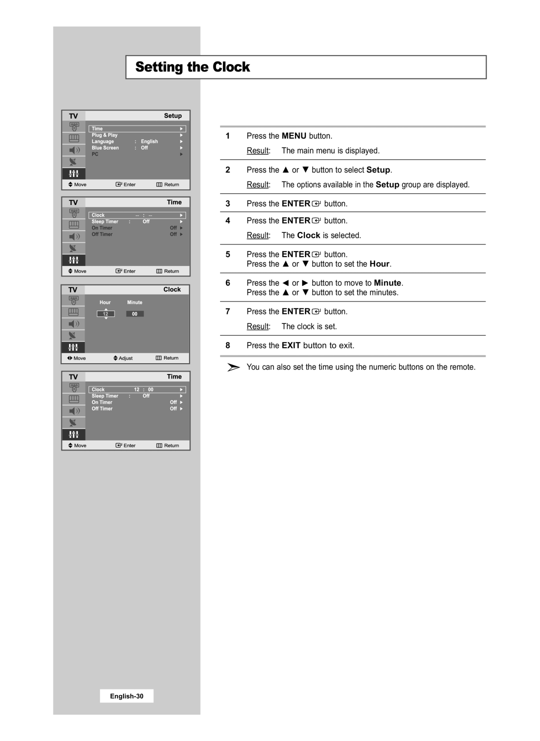 Samsung LE20S51B, LE15S51B manual Setting the Clock 