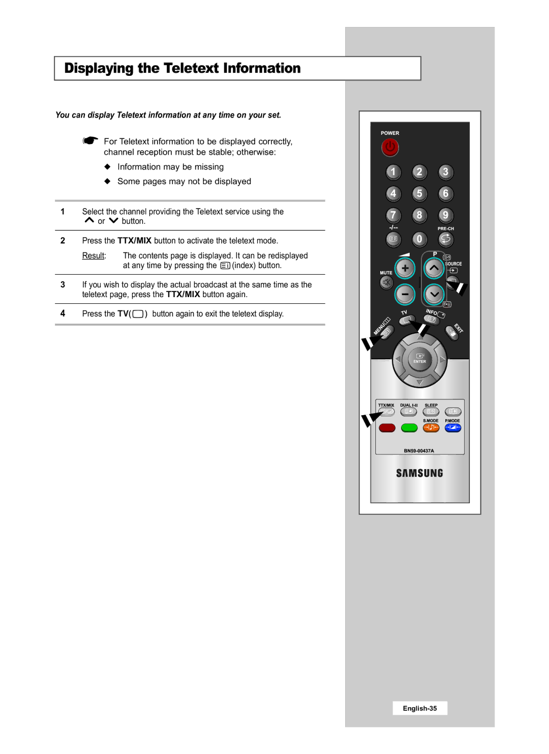 Samsung LE15S51B, LE20S51B manual Displaying the Teletext Information, Press the TV 