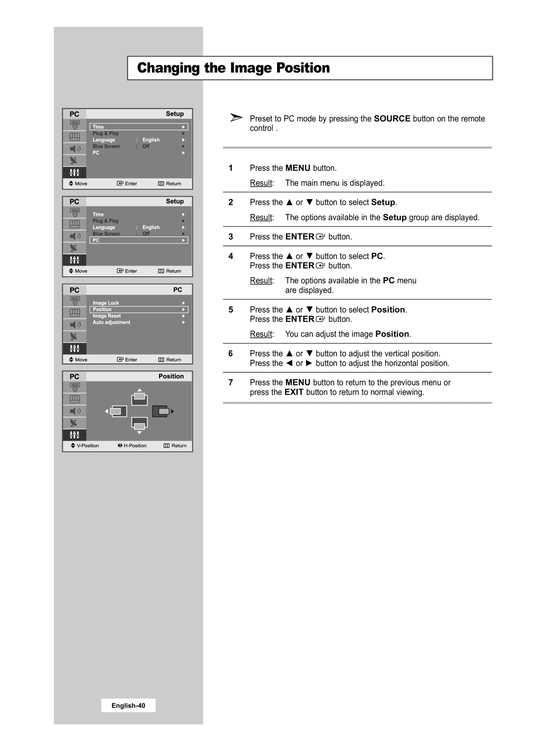 Samsung LE20S51B, LE15S51B manual Changing the Image Position 