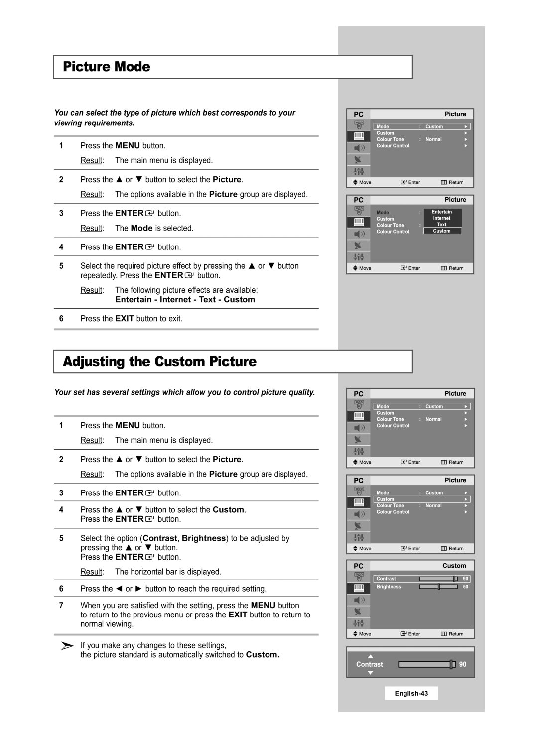 Samsung LE15S51B, LE20S51B manual Picture Mode, Entertain Internet Text Custom 