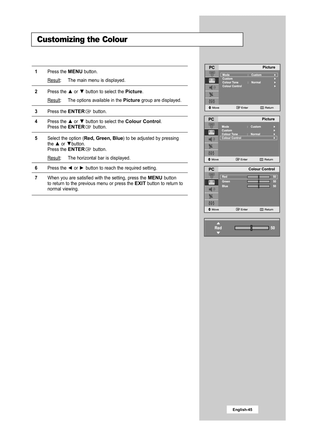 Samsung LE15S51B, LE20S51B manual Customizing the Colour 