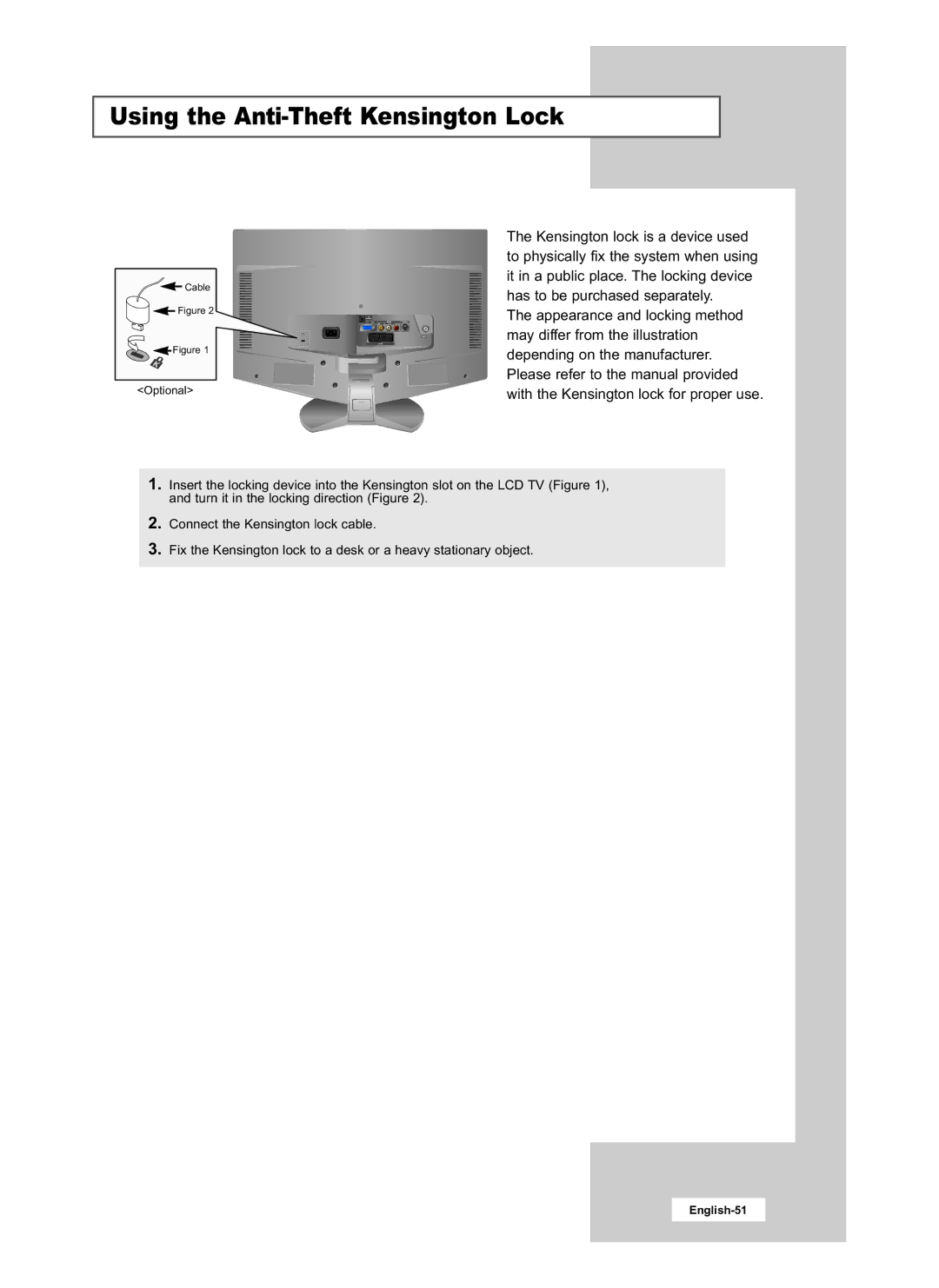 Samsung LE15S51B, LE20S51B manual Using the Anti-Theft Kensington Lock 