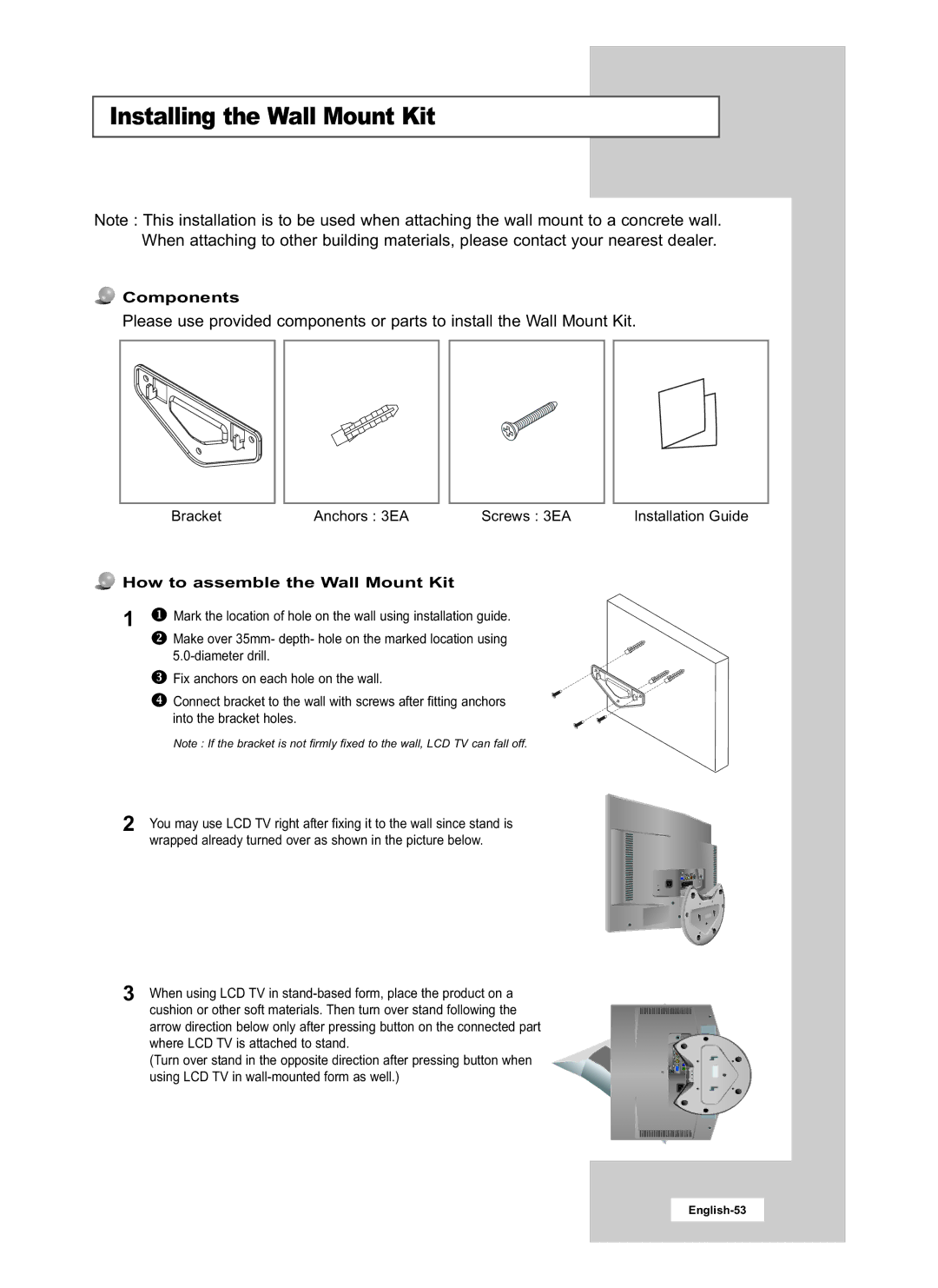 Samsung LE15S51B, LE20S51B manual Installing the Wall Mount Kit, Components, How to assemble the Wall Mount Kit 