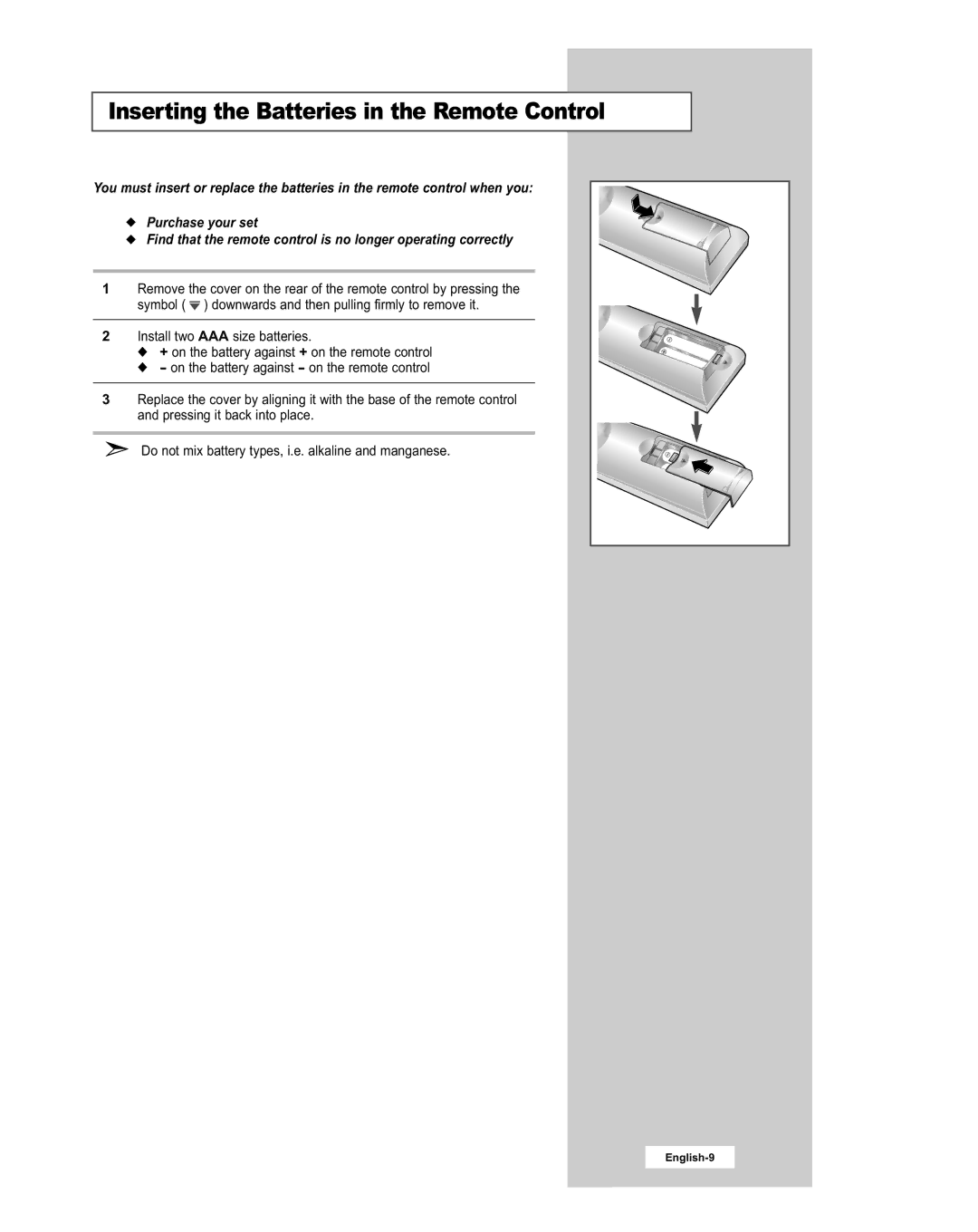 Samsung LE20S51BU manual Inserting the Batteries in the Remote Control 