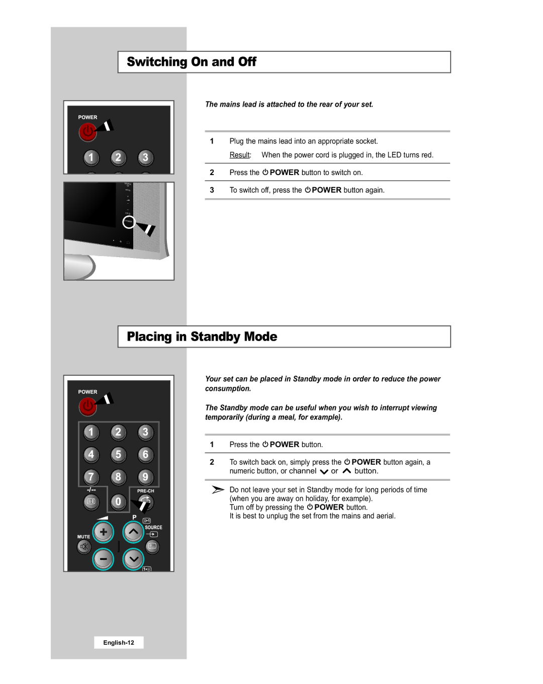 Samsung LE20S51BU manual Switching On and Off, Placing in Standby Mode, Mains lead is attached to the rear of your set 