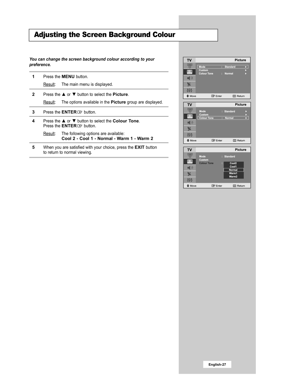 Samsung LE20S51BU manual Adjusting the Screen Background Colour, Cool 2 Cool 1 Normal Warm 1 Warm 