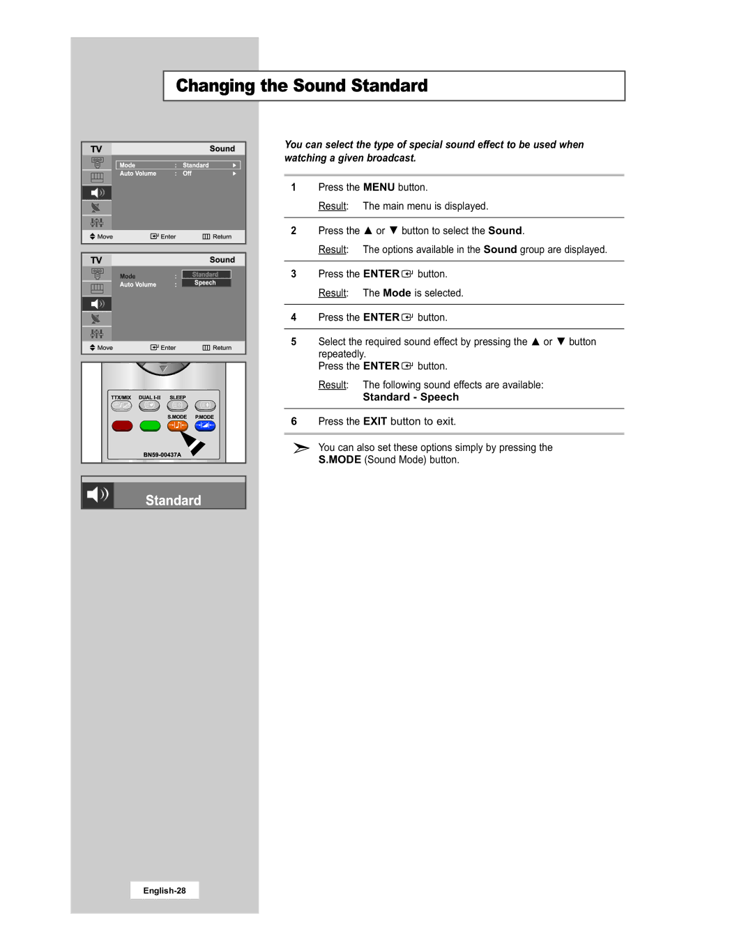 Samsung LE20S51BU manual Changing the Sound Standard, Standard Speech 