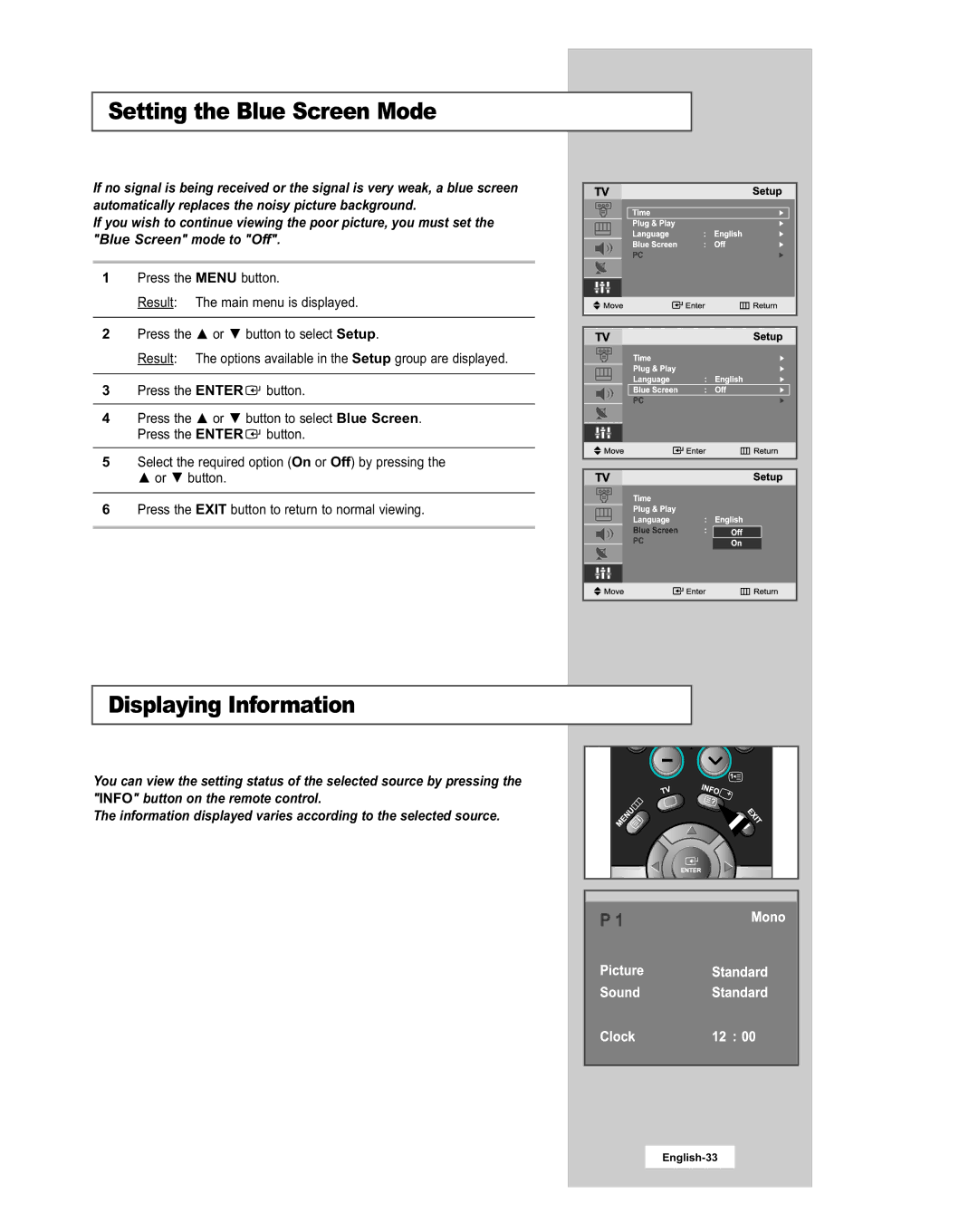 Samsung LE20S51BU manual Setting the Blue Screen Mode, Displaying Information 