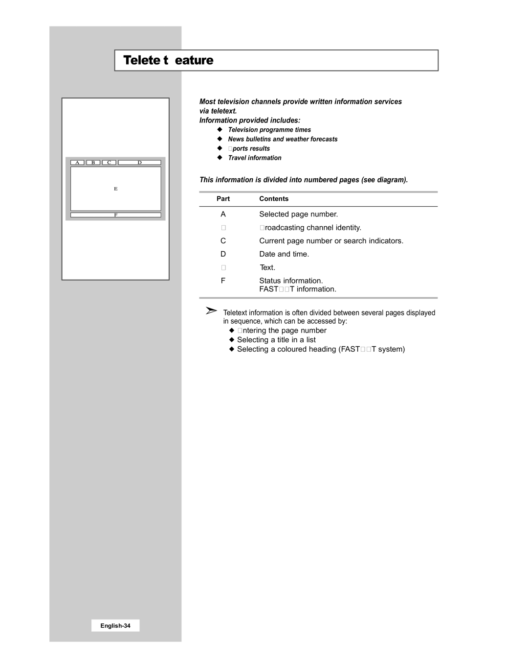 Samsung LE20S51BU manual Teletext Feature, This information is divided into numbered pages see diagram 