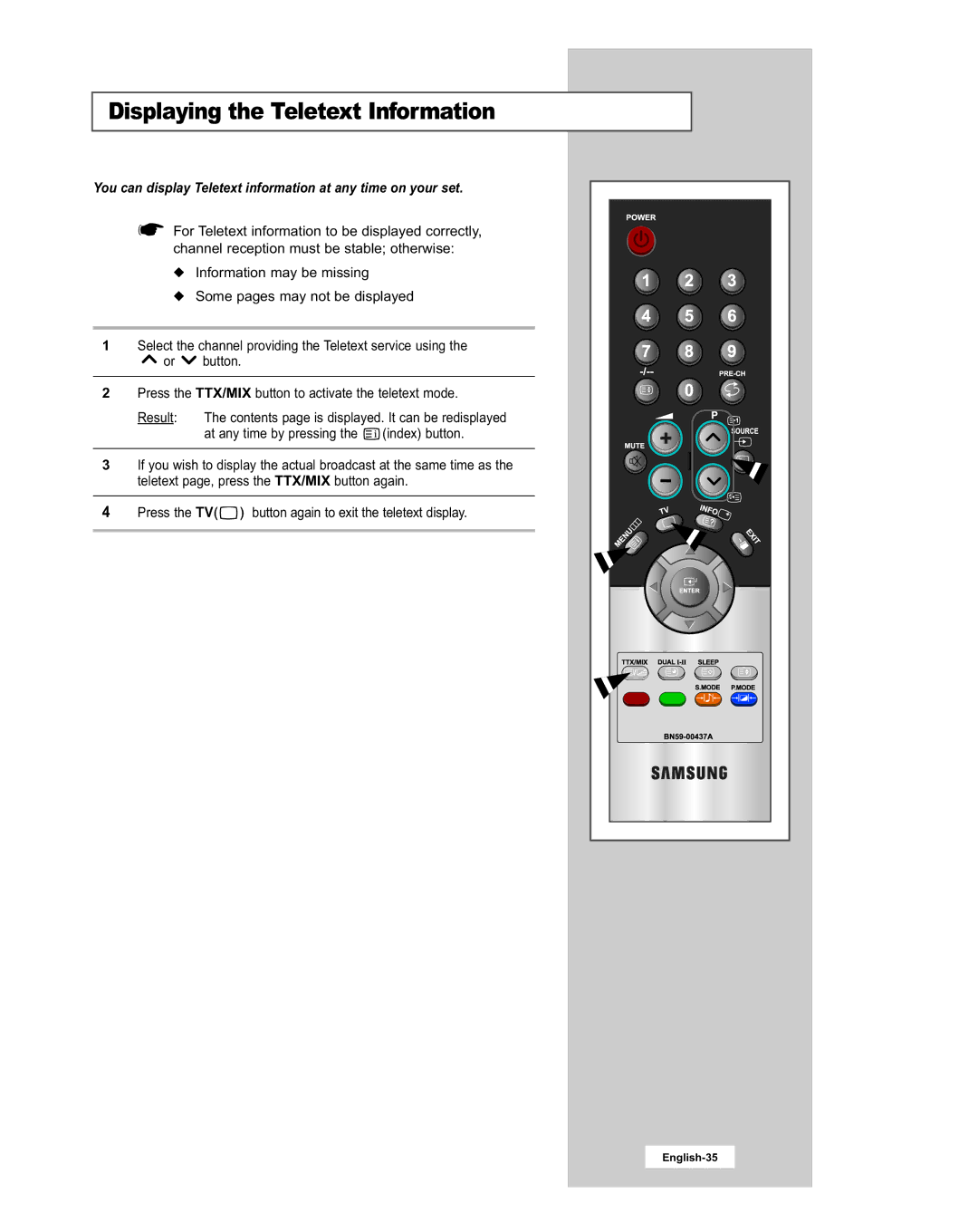 Samsung LE20S51BU manual Displaying the Teletext Information, Press the TV 