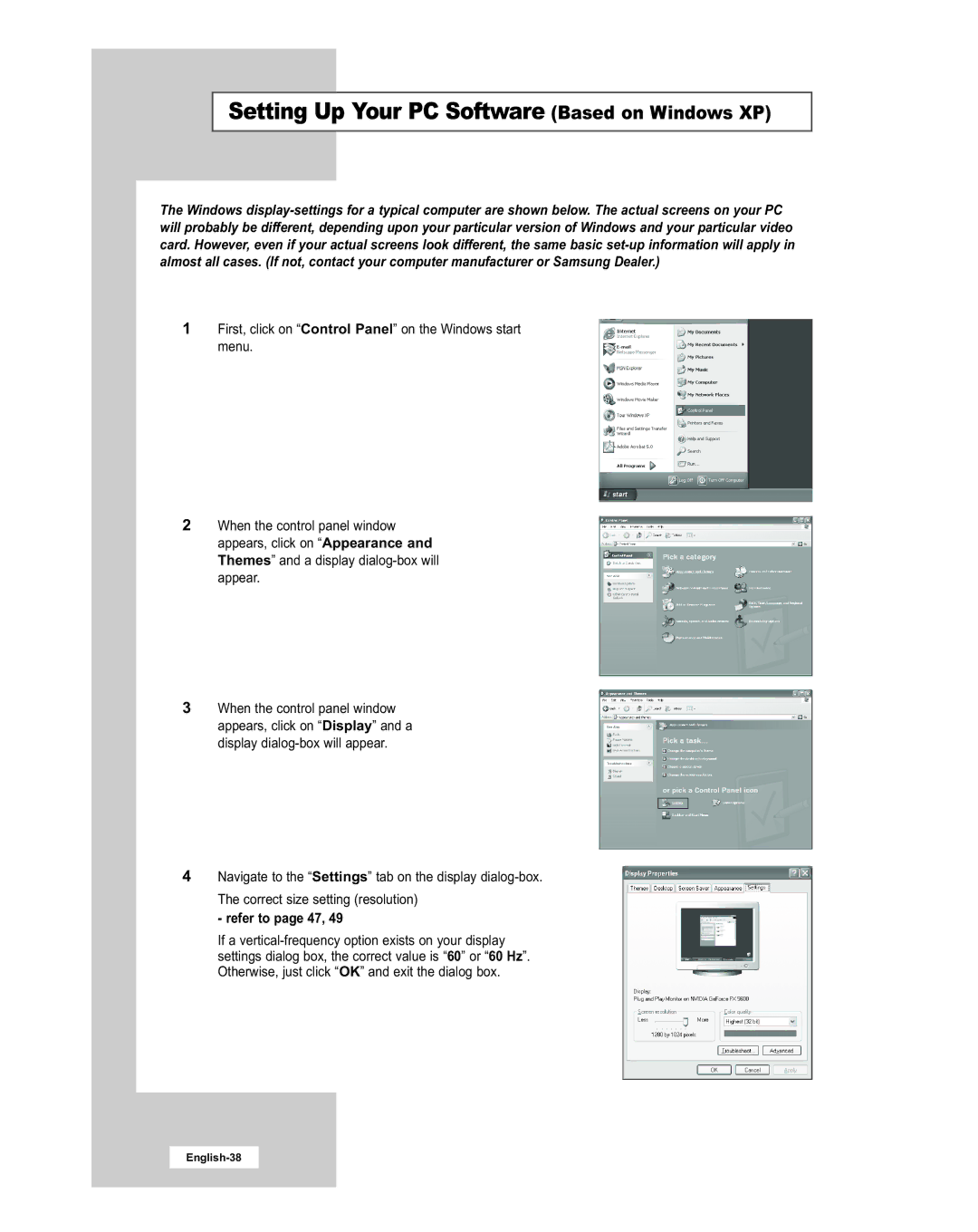 Samsung LE20S51BU manual Setting Up Your PC Software Based on Windows XP, Refer to page 47 