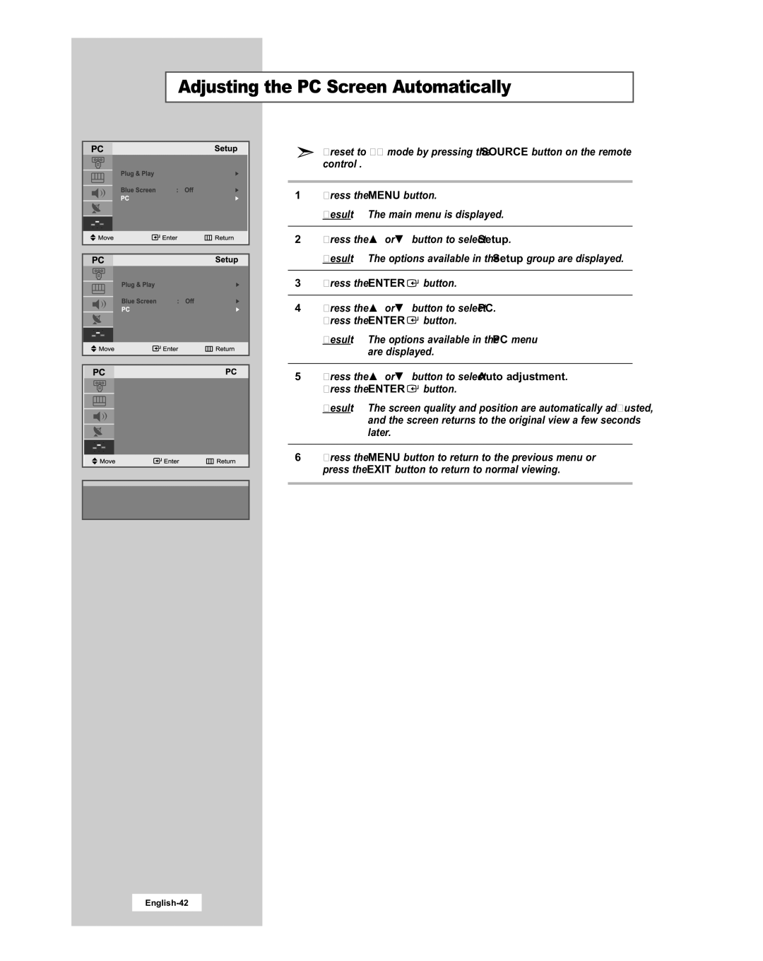 Samsung LE20S51BU manual Adjusting the PC Screen Automatically 