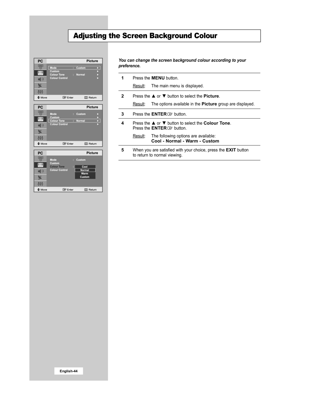 Samsung LE20S51BU manual Adjusting the Screen Background Colour, Cool Normal Warm Custom 