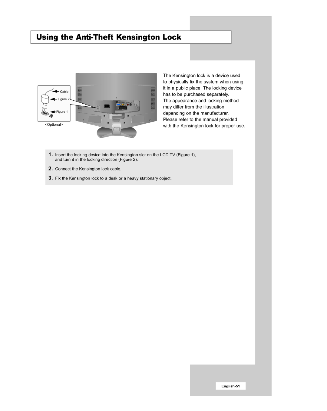 Samsung LE20S51BU manual Using the Anti-Theft Kensington Lock 