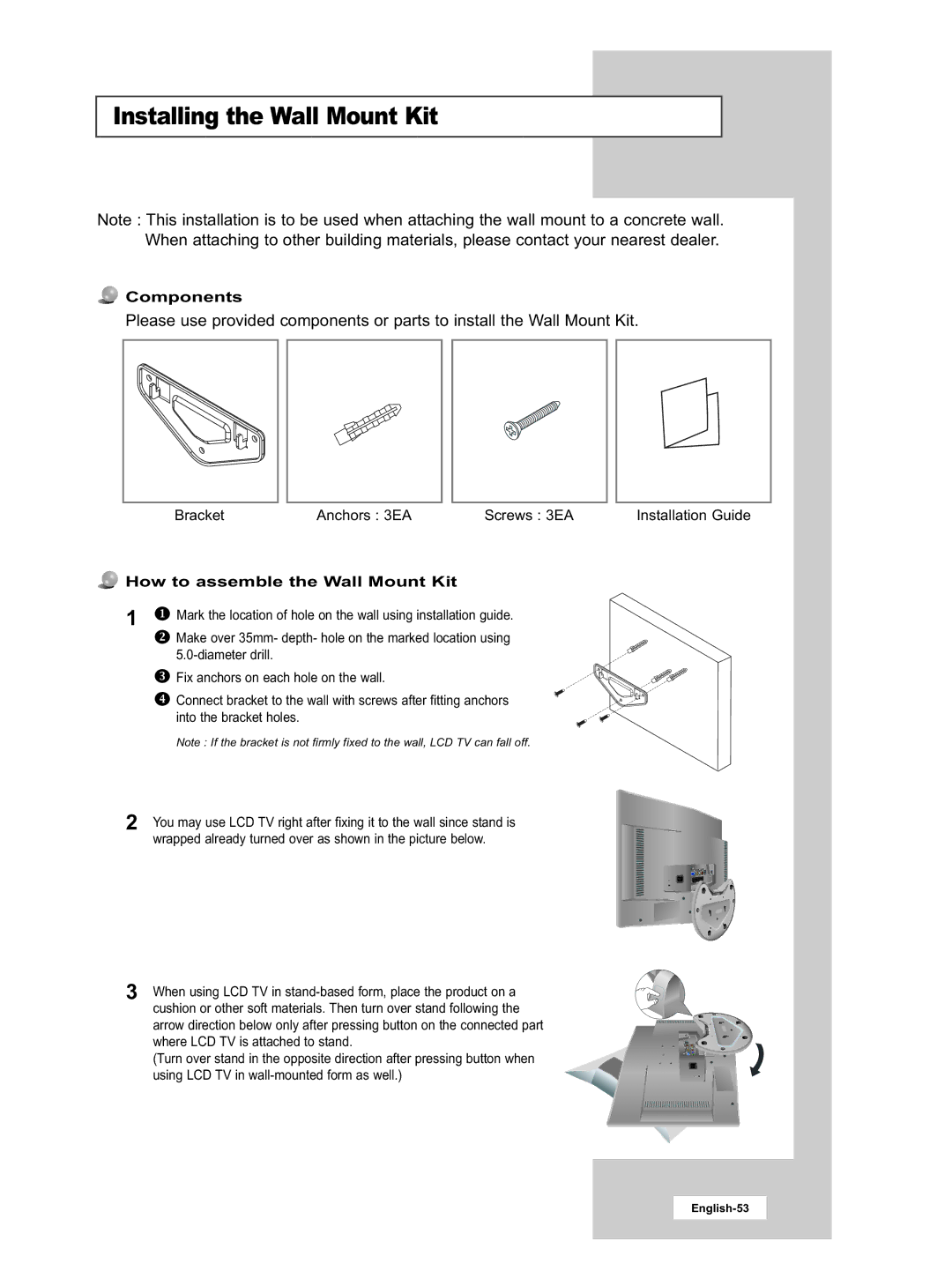 Samsung LE20S51BU manual Installing the Wall Mount Kit, Components, How to assemble the Wall Mount Kit 