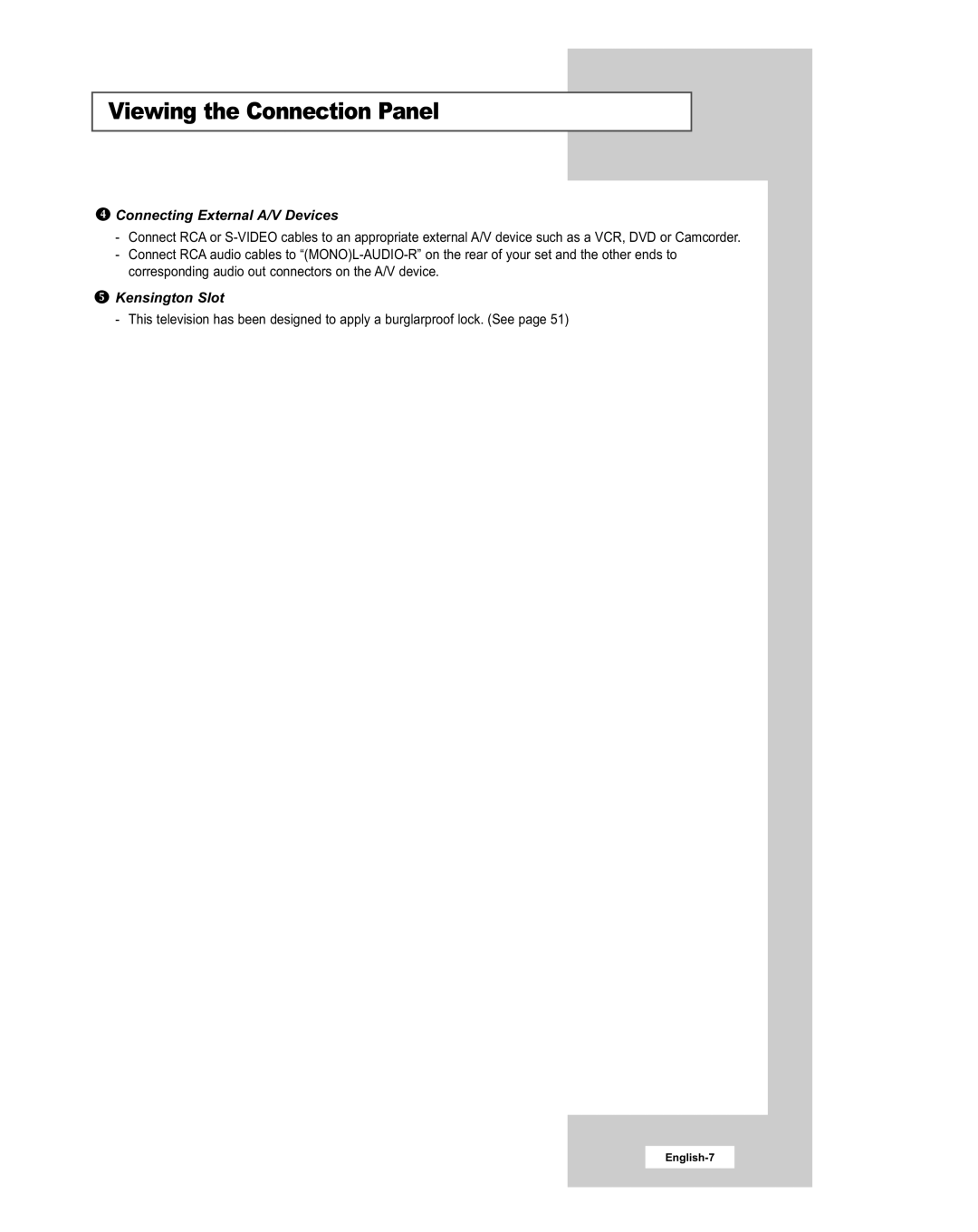 Samsung LE20S51BU manual Connecting External A/V Devices, Kensington Slot 