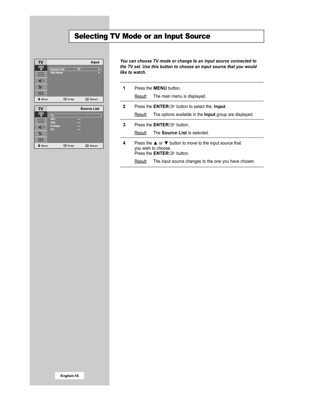 Samsung LE20S51BU manual Selecting TV Mode or an Input Source, English-16 