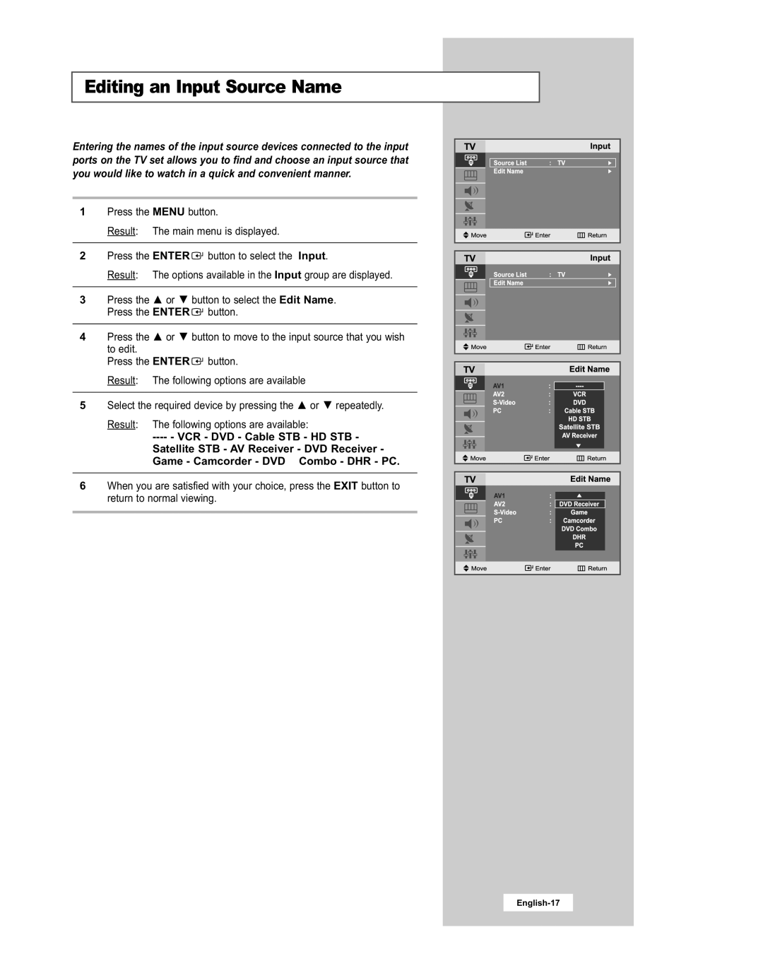 Samsung LE20S51BU manual Editing an Input Source Name, English-17 