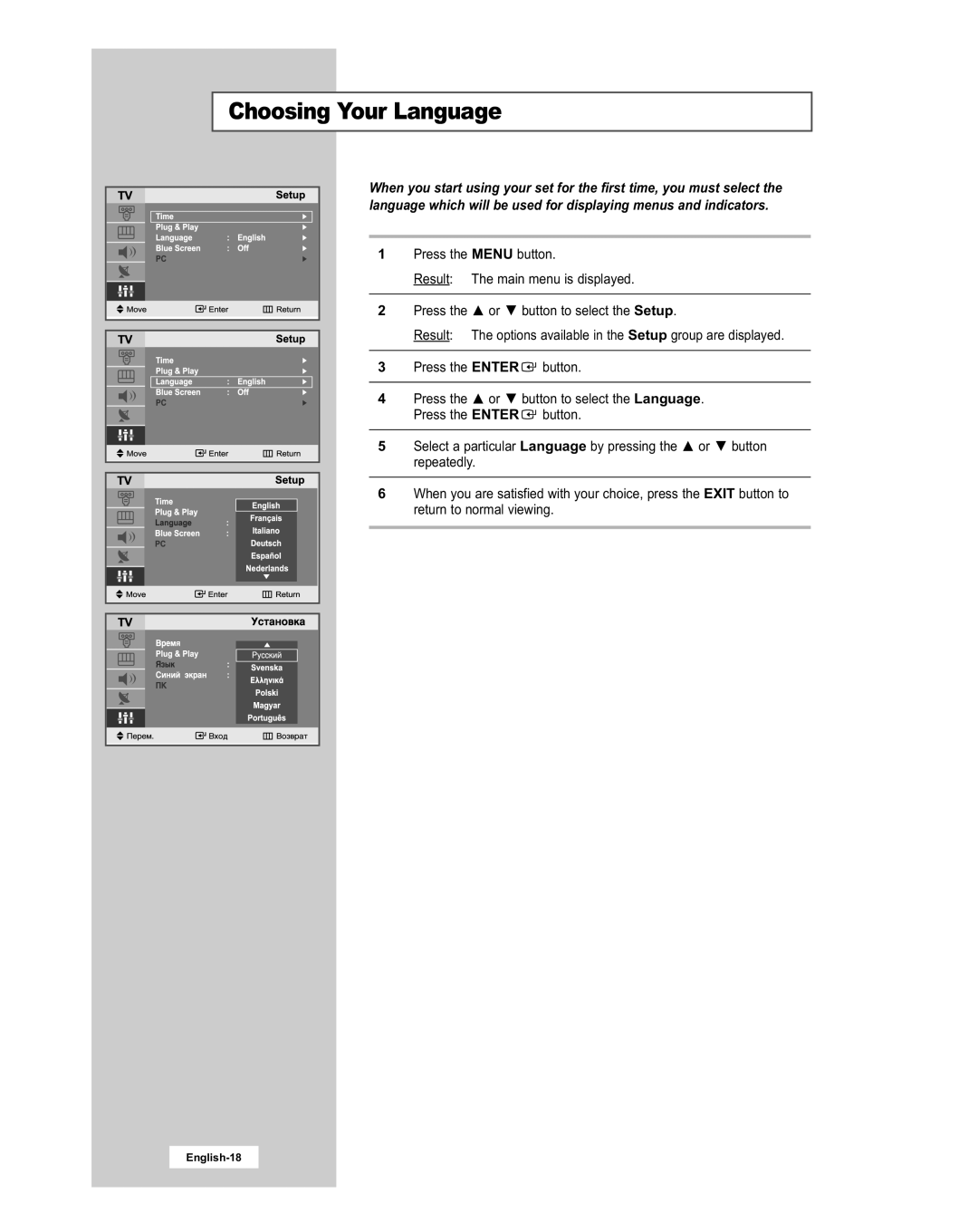 Samsung LE20S51BU manual Choosing Your Language, English-18 