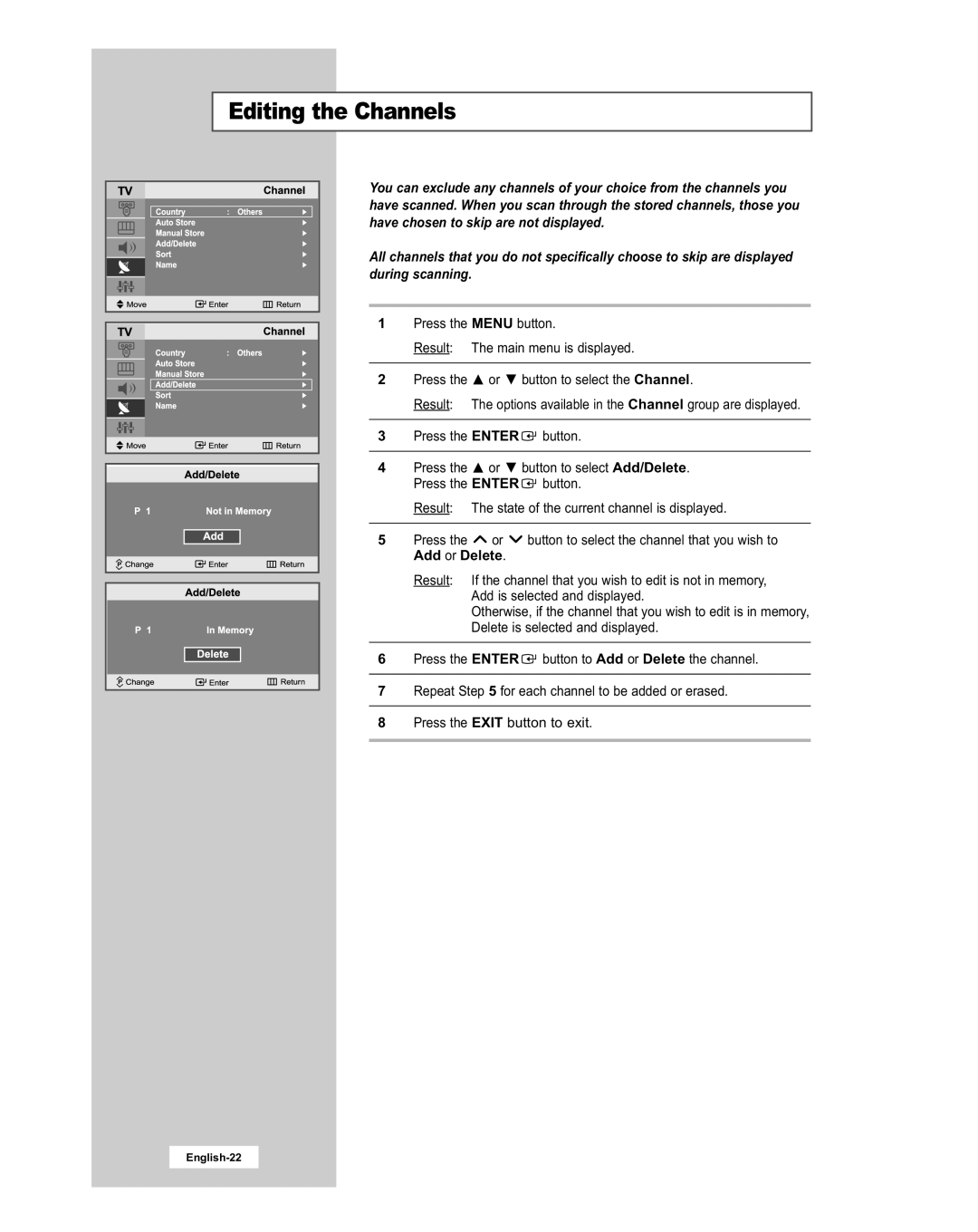 Samsung LE20S51BU manual Editing the Channels, English-22 